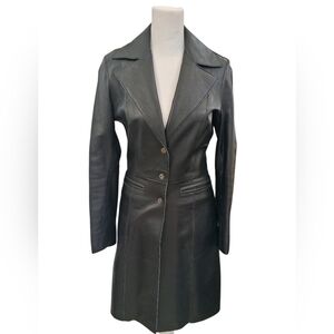 Vintage Bebe Genuine Leather Sleek Black Trench Coat Tailored Fit Sz P Petite S